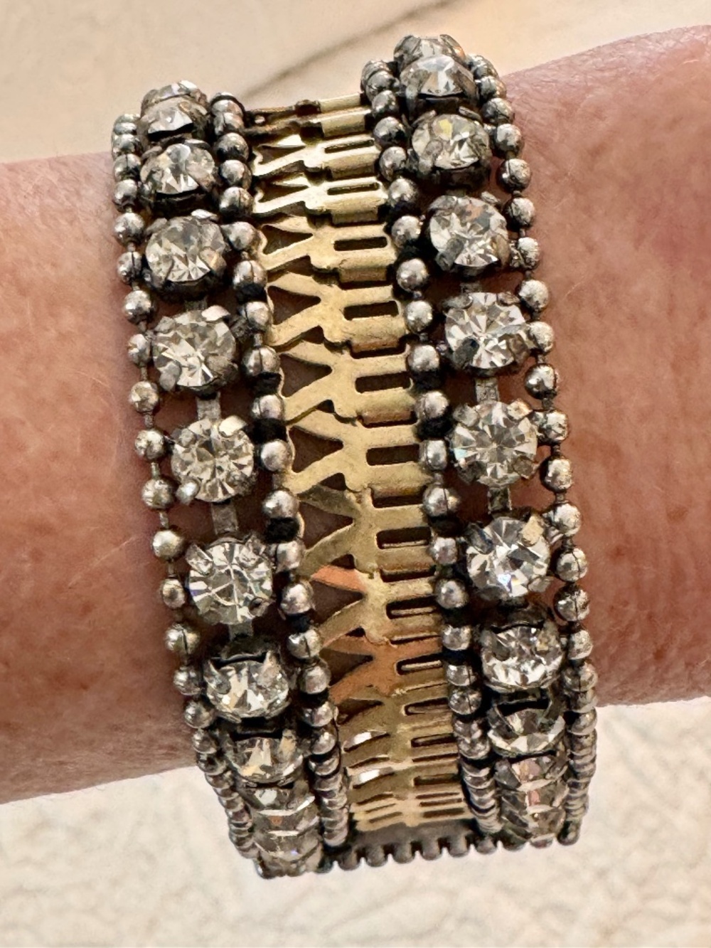 Rhinestone, Silver and Gold Filigree Bracelet